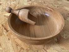 Load image into Gallery viewer, A wooden bowl on a USB table with a wooden scoop inside the bowl. 
