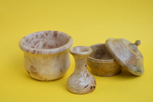 Load image into Gallery viewer, A wooden bowl, a wooden vase and a wooden pot with it&#39;s lid resting on it&#39;s side on a yellow background.
